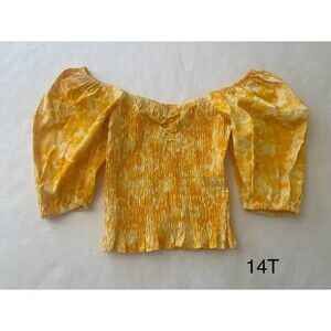 Open Edit Yellow Ballon Puff Sleeve Smocked Top with Floral Print Size Small NWT
